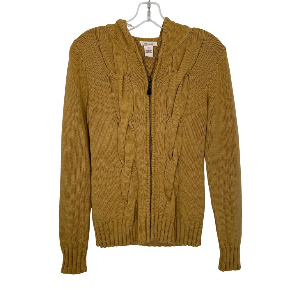 Sundance Sweater Mustard Yellow Cable Knit Full Zip Cotton Hooded Cabincore S